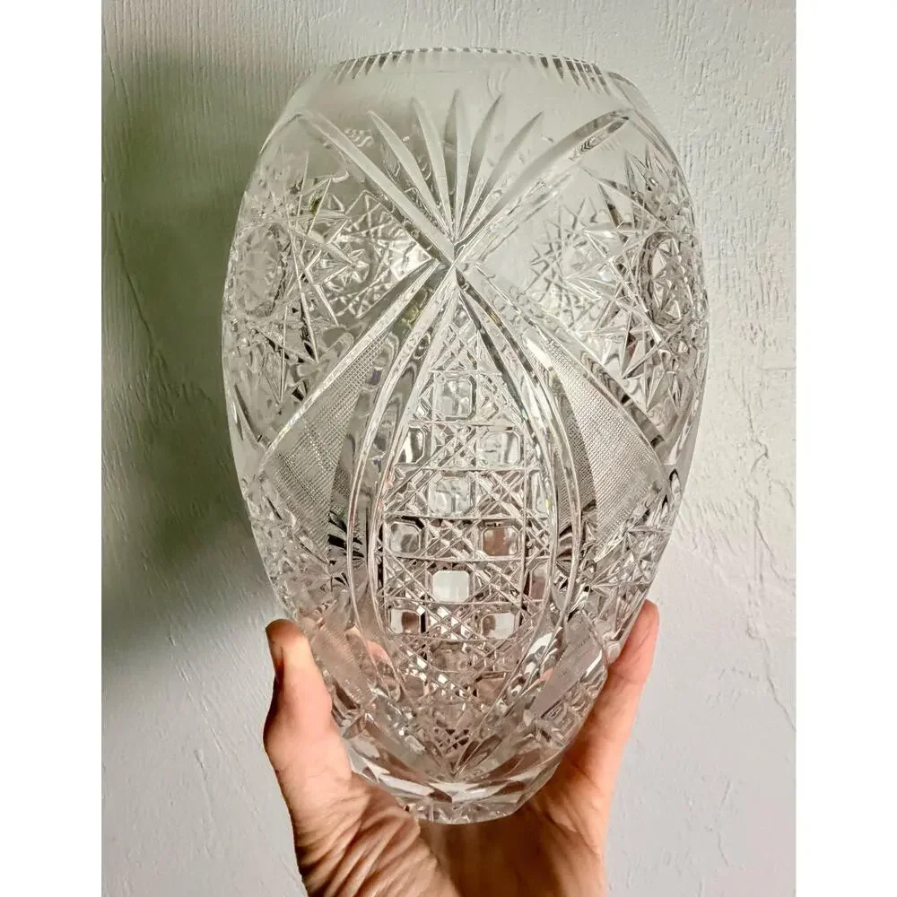 Vintage Hand Cut Crystal Vase, American Brilliant Hobstar Fan Pattern